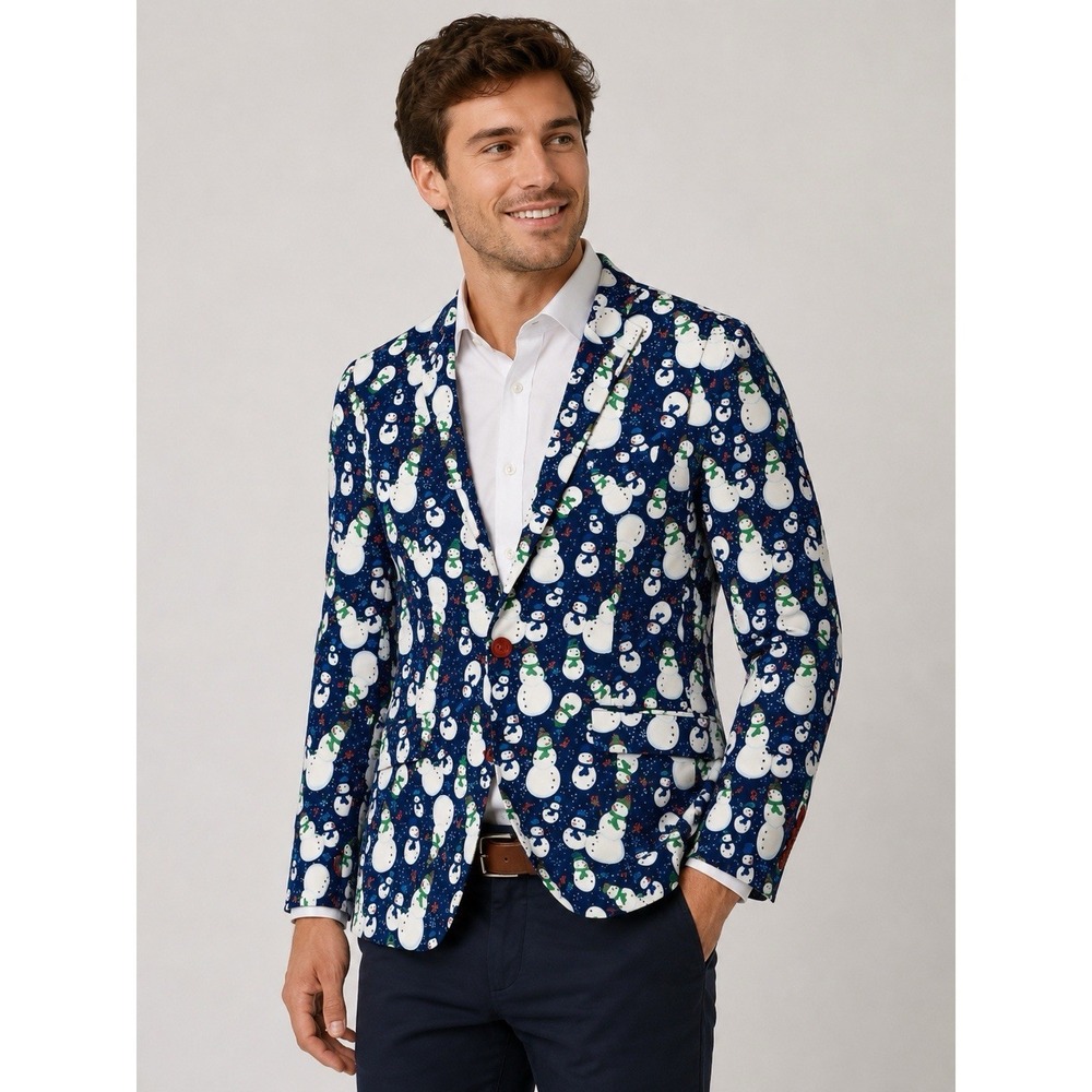 Souslo Couture Men Large 42 Snowman Print Blazer Holiday Party Novelty‎